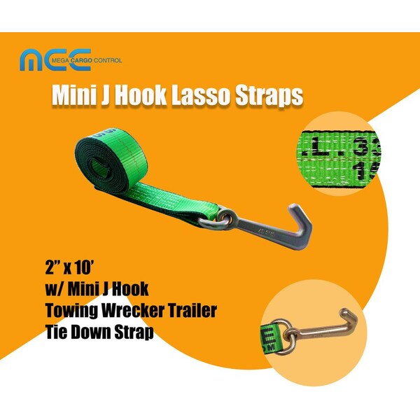2 X 10' Lasso Strap W/ Mini J Hook For Towing Wrecker Trailer Tie Down, 2PK
